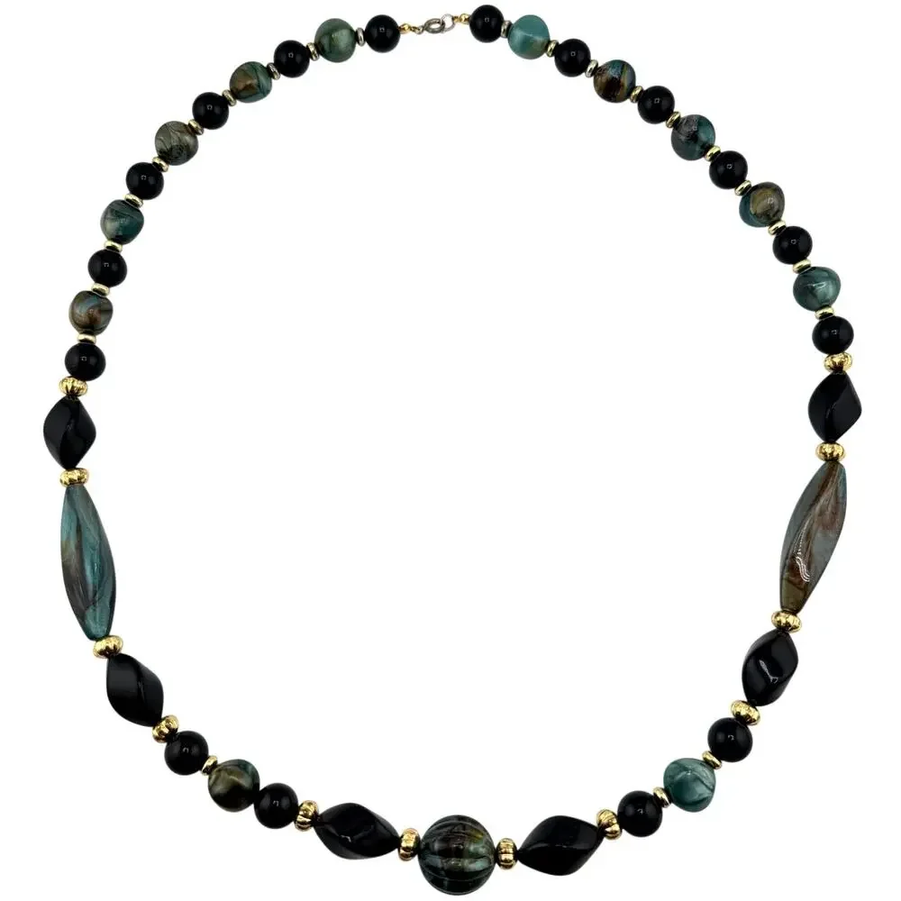 Vintage 1980s 1990s Teal Marbled Acrylic Black Gold Tone Beads 29